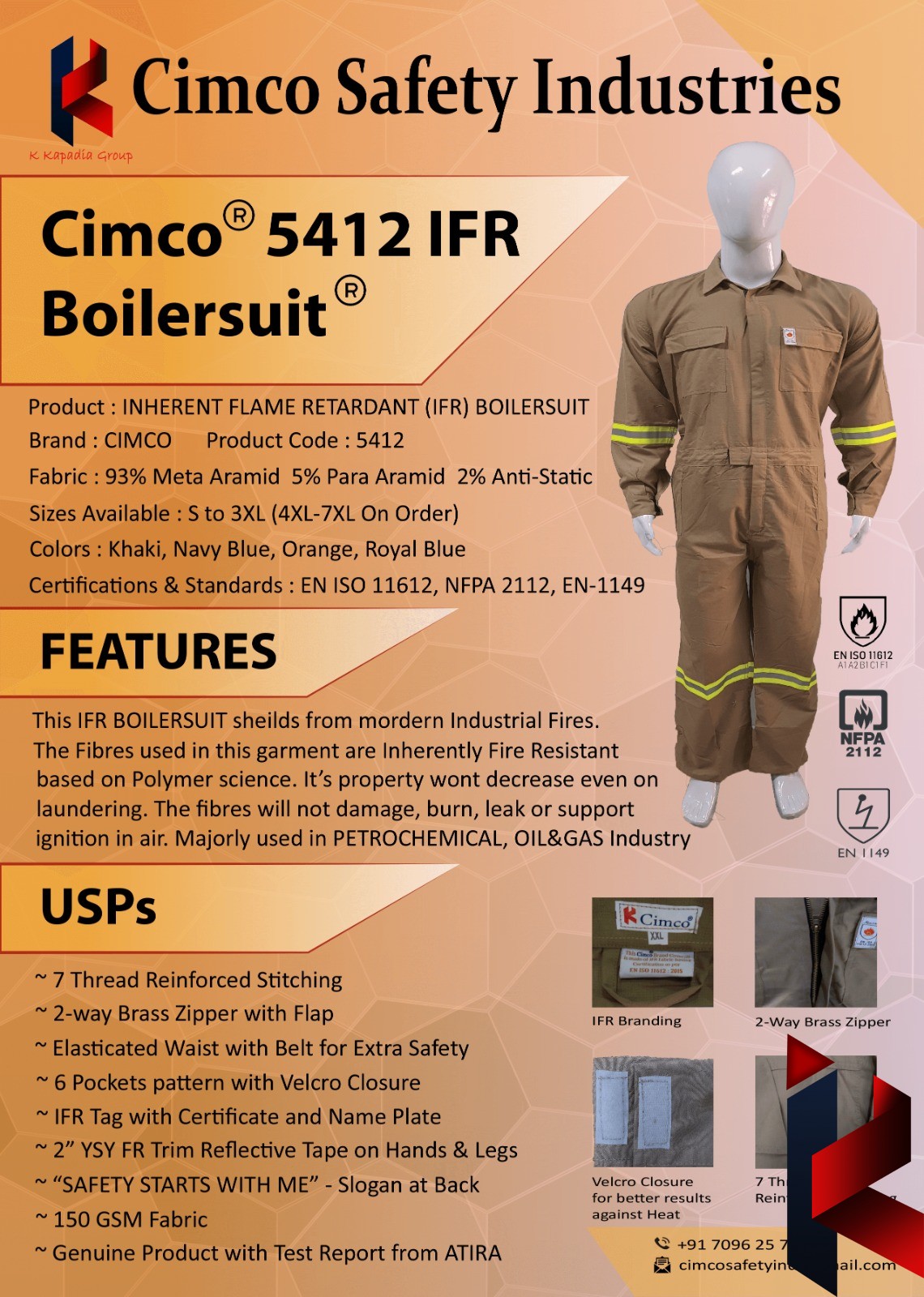 CIMCO | BOILERSUIT® 5412 KHAKI 93/5/2 with Test Certificate